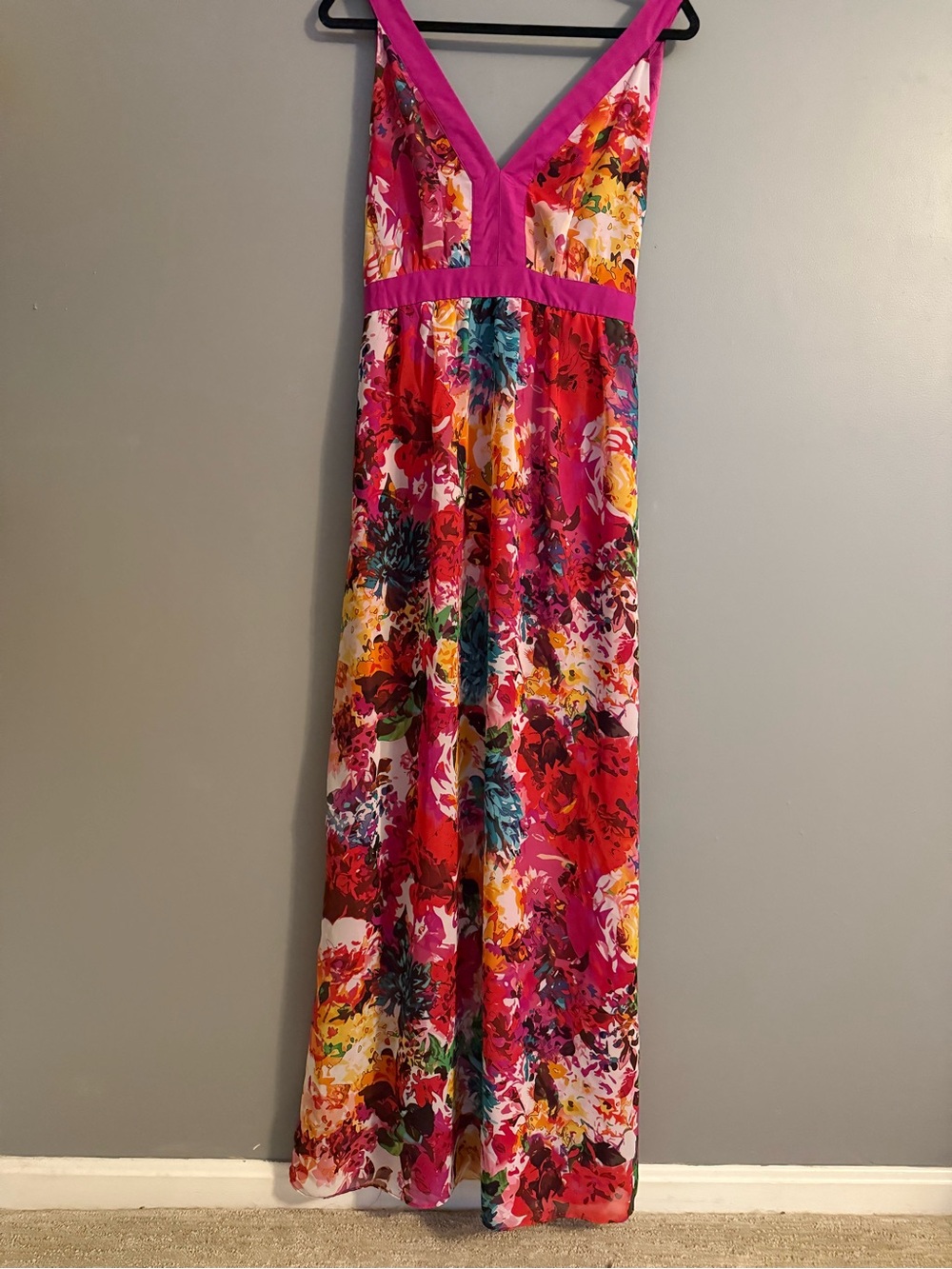 New York & Company Fuchsia Floral V-Neck Maxi Dress